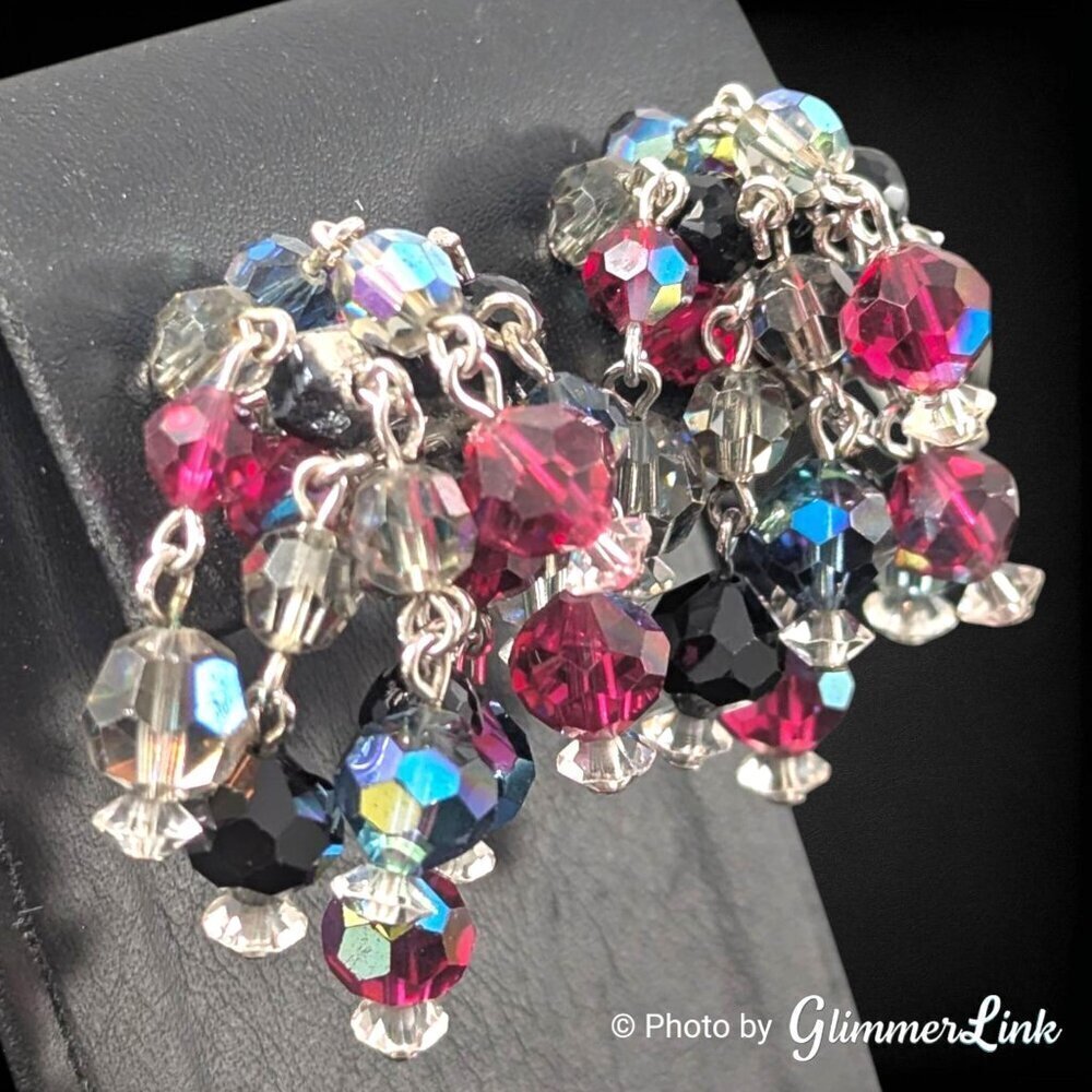 VTG 50s LAGUNA Multicolor Cha Cha Beaded Cluster Silver Tone  Clip On Earrings - Picture 2 of 10